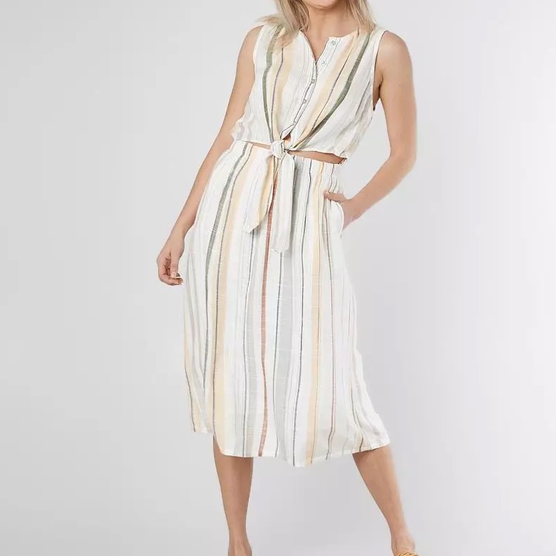 Nwt Rvca Arizona Cutout Waist Striped Midi Dress - Whisper White - L